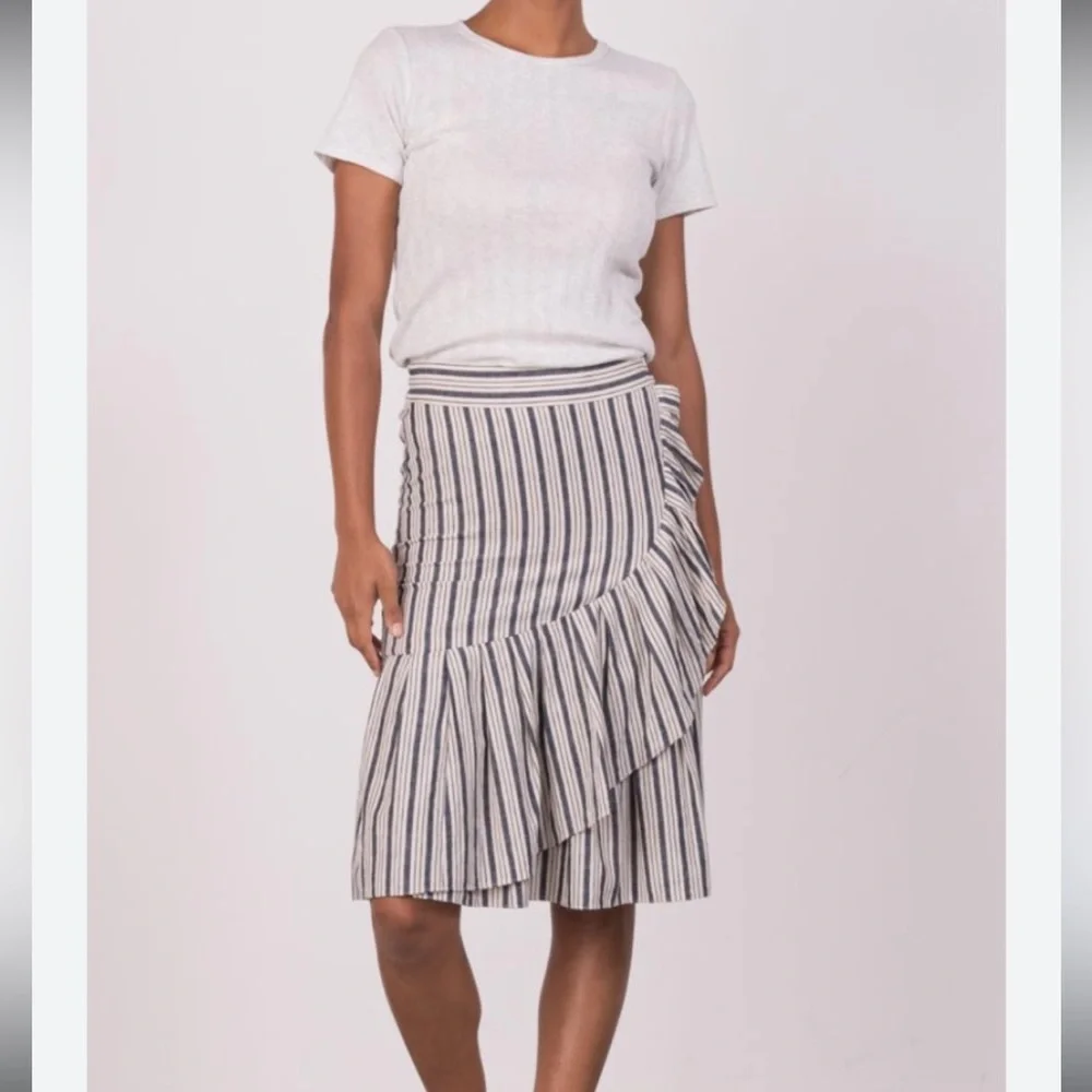 Margaret O'Leary A Symetrical Ruffled Striped Dark Blue and Cream Midi Skirt - Picture 2 of 8